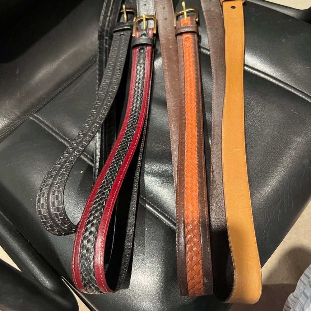 36" BELTS, LEJOUR GLOVE LEATHER, BROWN, MAROON AND BLUE, BLACK, BROWN, TAN